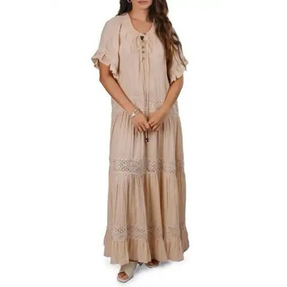Saachi Women's Beige Tiered Lace Trim Long Kaftan Dress One Size NWOT - Image 1 of 4