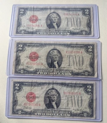 US Three 1928 D, $2 Bills, Red Seal - Image 1 of 2