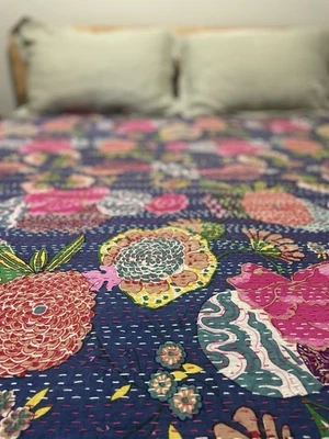 印度手工棉 Kantha 毛毯大号床罩被套传统 — 第 1/4 张图片