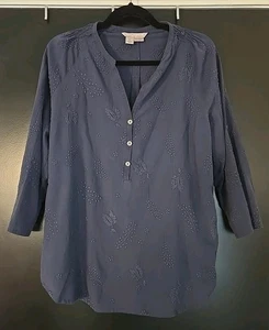 Top túnica Royal Robbins Oasis L azul bordado algodón lengüeta enrollable manga 3/4 - Imagen 1 de 14