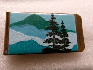 Vintage Enamel Money Clip Landscape Pine Trees Mountains Copper Rectangle Plaque - Picture 1 of 11