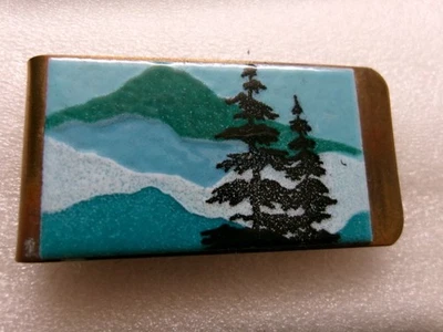 Vintage Enamel Money Clip Landscape Pine Trees Mountains Copper Rectangle Plaque - Image 1 of 4