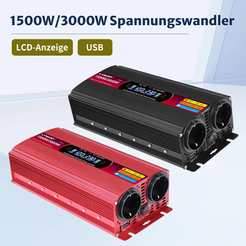 LVYUAN 1500W 3000W 12V/24V auf 230V Spannungswandler Wechselrichter Mit USB & 2AC LCD