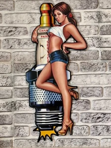 Placa de chapa Spark Plug Girl en relieve XL bujía pin-up taller gasolinera... - Imagen 1 de 4