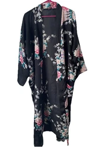 Accappatoio asiatico vintage kimono lungo anni 90 senza fascia pavone floreale nero raso setoso XL - Foto 1 di 7