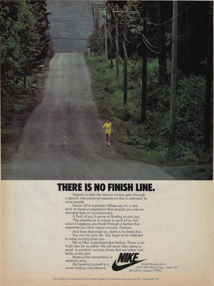 Nike There Is No Finish Line Runner Country Road 1978 anuncio impreso en color original Foto 1 de 3