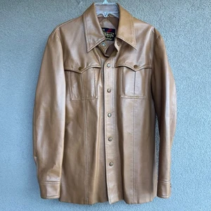 Vintage Sears Jacket Mens Large L Brown Faux Leather Lined Snap Front 70s Korea - Picture 1 of 13