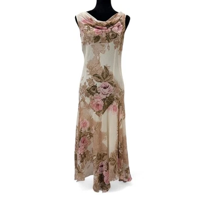 Y2K Newport News Cream Floral Cottage Fairy Cowl Maxi Asymmetrical Dress Women 6 - Image 1 of 4