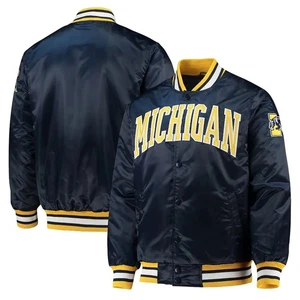 Michigan Wolverines O-Line Chaqueta Universitaria Azul Marino Satinado NCAA Fútbol Bombardero - Imagen 1 de 5