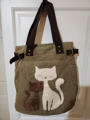 Tote With Two Soft Faux Fur Cats Studs And Wide Canvas Brown Straps 14”x4.5”x14” - Image 1 of 4