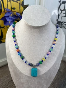 Katzenauge Perlen Damen Halskette Handgemacht Ø8 mm Collier Türkis Anhänger - Picture 1 of 7