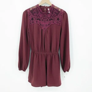 Xhilaration Womens Romper M Maroon Long Sleeve Youthful Charm Lace Yoke Feminine - Picture 1 of 8