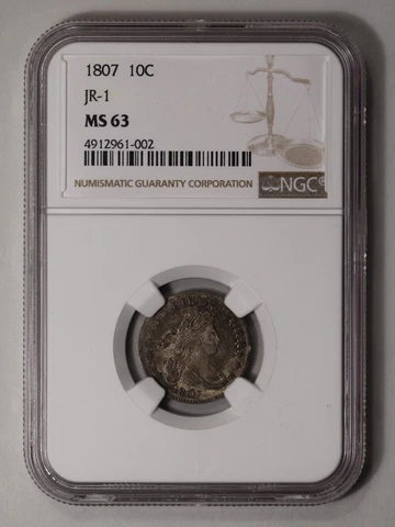 1807 Draped Bust Dime, Lg Eagle JR-1 10C NGC MS63 Cover