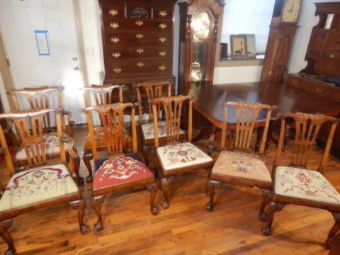 Antique set of 8 Chippendale Chairs Ball-Claw Foot w Knee Carvings Custom Seats Cover