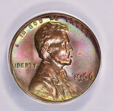 1966 Lincoln Cent ANACS MS64 BN Dual Sided Colorfully Toned Cover