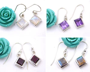 925 Sterling Silver Natural Garnet,Amethyst,& Rainbow, Labradorite Stone Earring - Picture 1 of 11