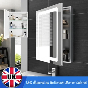 LED illuminated Bathroom Mirror Cabinet with Demister Shaver Socket Wall Mounted - Picture 1 of 11
