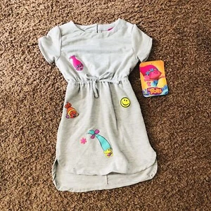 New DreamWorks Trolls Girls Light Gray Heather SS Dress Size 5 Elastic Waist - Picture 1 of 4