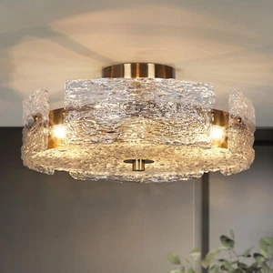Modern Glam Brass 4-light Drum Semi Flush Mount Light with Textured Glass D 19"* - Picture 1 of 4