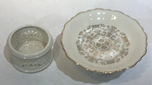 LENOX Gold Trim Porcelain Raised Pedestal Soap Dish & Cup Holder Bathroom Set - Picture 1 of 11