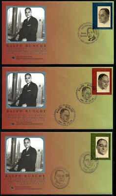NACIONES UNIDAS NY, SCOTT # 848+, JUEGO DE 3 CUBIERTAS FDC DIPLOMÁTICO RALPH BUNCHE 2003 Foto 1 de 4