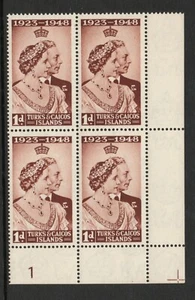Turks & Caicos 1948 RSW 1d in Plate block SG 208 Mnh. (R1965) - Picture 1 of 1