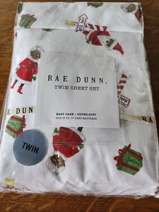Rae Dunn Christmas White Twin Sheet Set Santa North Pole Holiday NEW - Picture 1 of 8