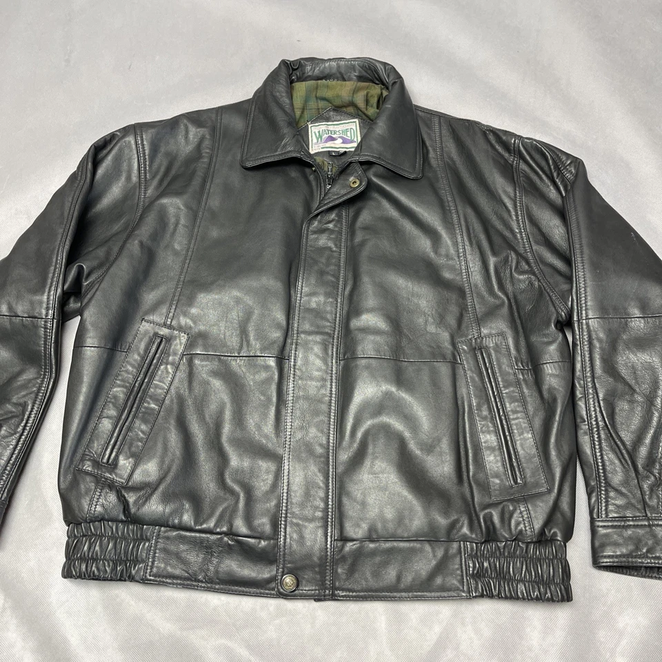 Chaqueta de motociclista bombardero de cuero negra vintage William Barry Watershed para hombre L Foto 1 de 4