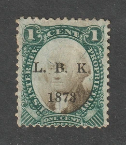 Scott # RB1a, Used, F, 1¢ Proprietary, Printed Cancel "L. B. K." Dated 1873 - Picture 1 of 2