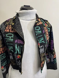 Disney Girls Jacket M Black D-Descendants 2 Graffiti Print Moto Zip Up - Picture 1 of 7
