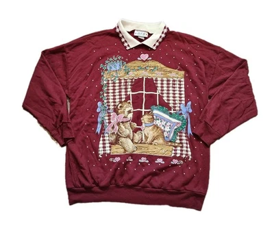De Colección Años 90 Oso Sudadera Para Mujer’s L Granate Cottagecore Ventana Escena Lindo Kitsch Foto 1 de 4