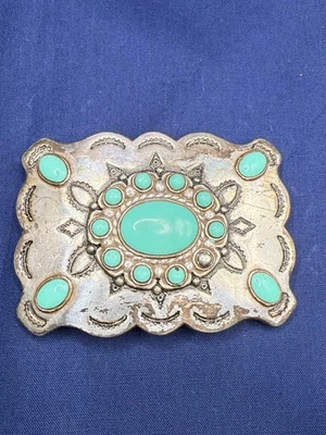 Hebilla de cinturón estilo suroeste vintage verde azul tono plata TIENE DESGASTE Foto 1 de 4