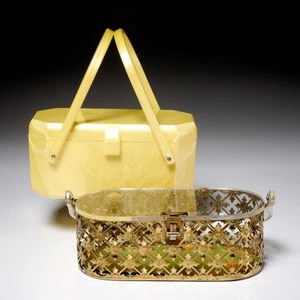 Vintage buttercremegelb durchbohrt Metall Lucite Top Griff Box Handtasche 2 Stck. Posten - Bild 1 von 9