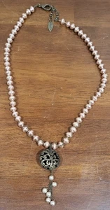 Vintage Coldwater Creek Pink Faux Pearl Necklace With Bronzed Charm - Picture 1 of 4