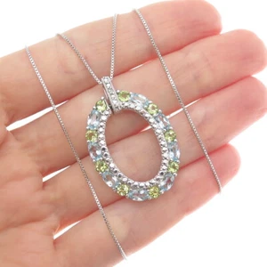 925 Sterling Silver Real Diamond Accent Topaz & Peridot Box Chain Necklace 18" - Picture 1 of 9