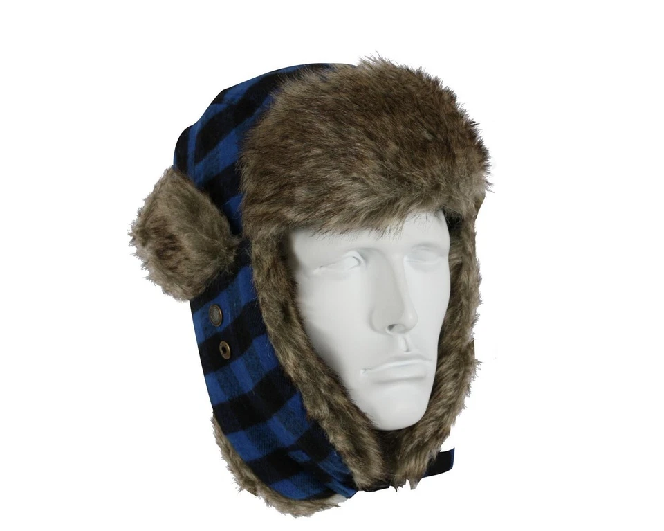 Gorra Flyers Aviator Trapper azul a cuadros con piel gris Foto 1 de 1