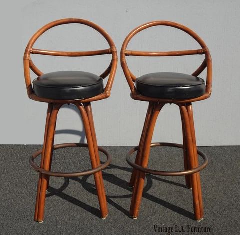 Pair of Vintage Bamboo Mid Century Modern Black Swivel Barstools Bar Stools Cover