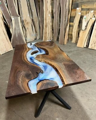 3D Walnut Pearl White & Blue River Epoxy Table – Dining Table / Office Table - Image 1 of 4