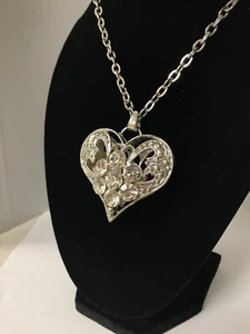 CHUNKY METAL  HEART WITH CLEAR RHINESTONE NECKLACE, MARKED "P", APP. 20" LONG - Picture 1 of 5