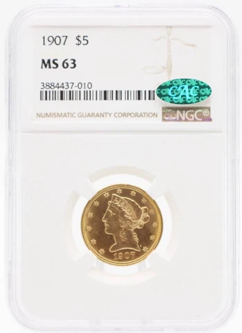 1907 NGC MS63 $5 Gold Liberty Half Eagle CAC Certified Cover