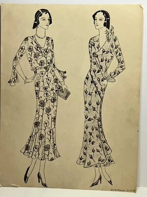 Vtg Original 30s Ladies FASHION Ink Drawing Lolita Johnson from MIA Minneapolis - Image 1 of 2