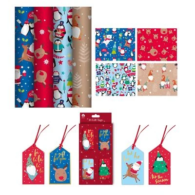 4 x 7M Cute Christmas Wrapping Paper Rolls Kids Xmas Gift Wrap & 16 Gift Tags - Image 1 of 4