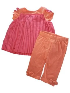 Infant Baby Girls Coral Pink Pleated Bow Dress & Leggings 2 Pc Outfit Set 3-6M - Picture 1 of 1