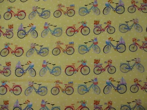 BICYCLES BASKETS BRIGHT BICYCLE YELLOW BIKE COTTON FABRIC FQ - Picture 1 of 9