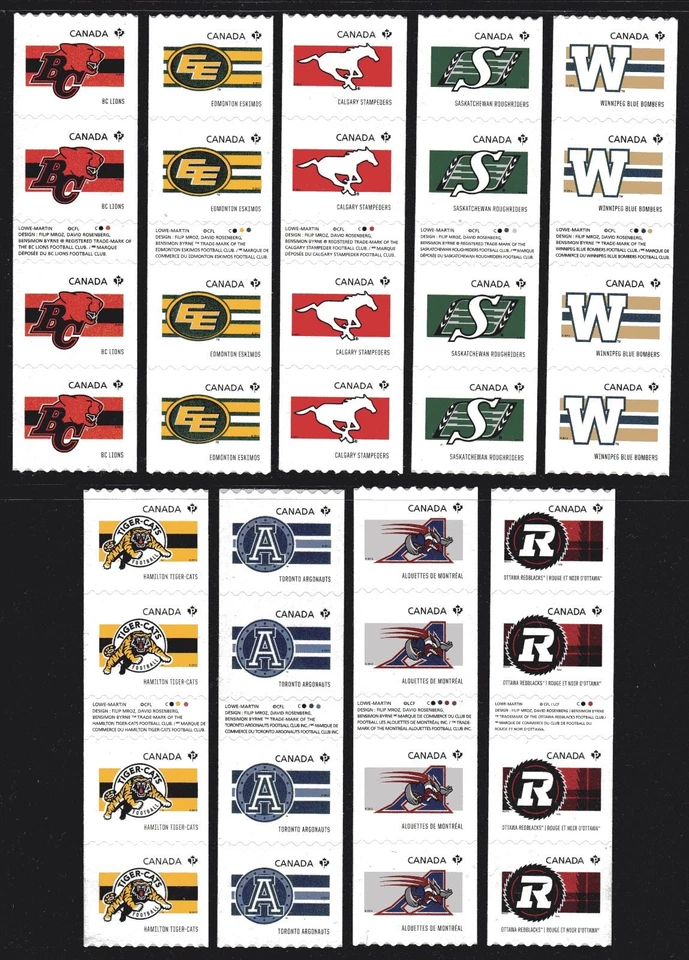 2012 SC# 2559i-66i,2754i CFL Teams - Can. Football - 9 Gutter Strips of 4 M-NH   - Image 1 of 1
