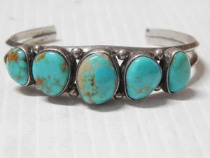 VNTG NAVAJO INDIAN STERLING SILVER 5 TURQUOISE STONES ROW BRACELET - XLNT ! - Picture 1 of 1