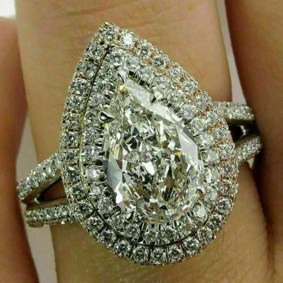 4 Ct Pear Shape Lab Created Diamond Halo Engagement Ring 14K White Gold Plated - Image 1 of 4