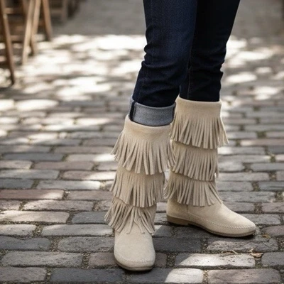 MINNETONKA 3-СЛОЙНАЯ БАХРОМА БОТИНКИ ЖЕНЩИН БЕЖЕВЫЙ КОЖАНЫЙ РАЗМЕР 9 - Изображение 1 из 4