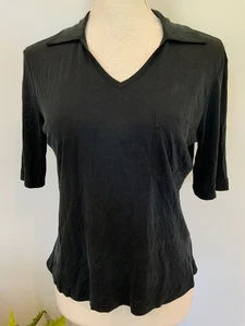ET VOUS Womens Size Large Black Silk Collared V-Neck Short Sleeve Pullover Top - Picture 1 of 5