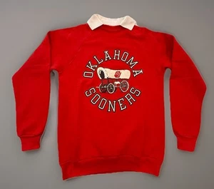 VTG Oklahoma Sooners Sweatshirt Red Pullover White Collar OU Wagon Logo Adult M - Picture 1 of 7